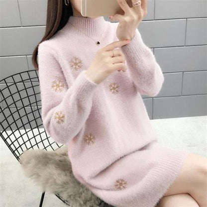 Autumn and Winter Mohair Sweater Thick Mid-length High Neck Bottoming Shirt Snowflake Pattern Dress