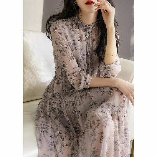 Spring Summer Floral Print Women Dress French Gentle Lantern Sleeve Female Pleated Dress Summer Party Chiffon Midi Dresses