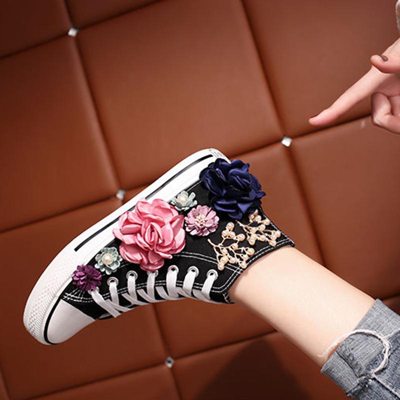 Popular Canvas Shoes Small White Shoes Women's High-top Handmade Custom Three-dimensional Flower Pearl Flat Casual Student Shoes