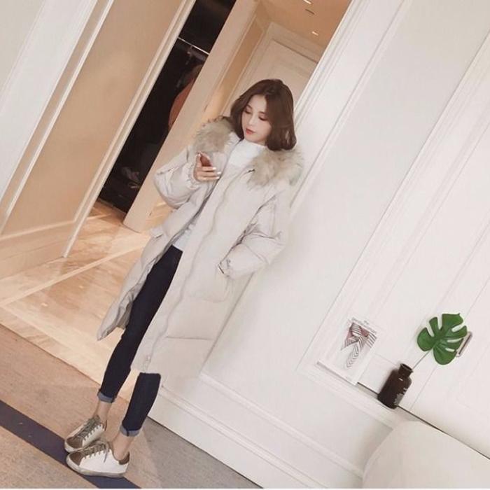 Autumn and Winter Ladies Down Padded Jacket Long Over The Knee Fur Collar Hooded Down Padded Jacket Slim Hooded Padded Warm Parka Coat