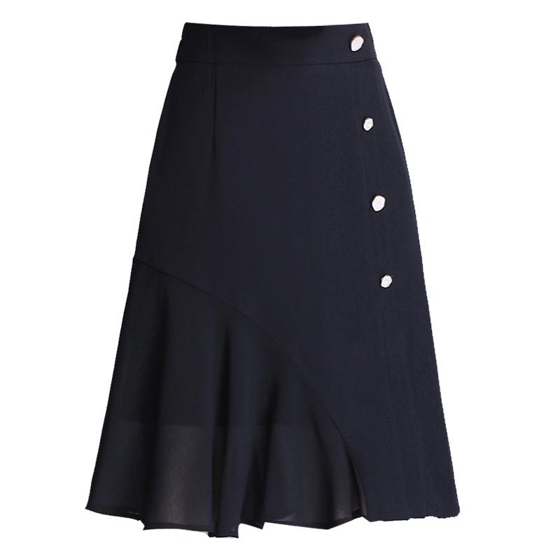 Woman Skirts Summer Casual A-line Skirt Elastic High Waist Loose Knee-length Skirts Female Chiffon Button Black Skirt