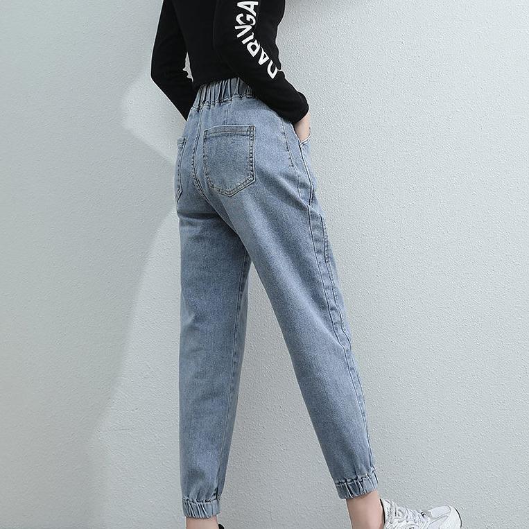 Women Spring and Autumn Large Size Streetwear Cropped Jeans Loose Solid Color High Waist Elastic Casual Jeans