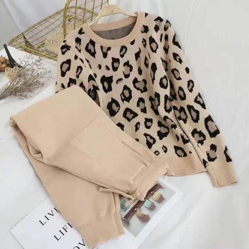 2pcs/set Women Knit Leopard Pullover Sweaters+Pants Sets Woman Fashion Jumpers Trousers 2 PCS Costumes Outfit