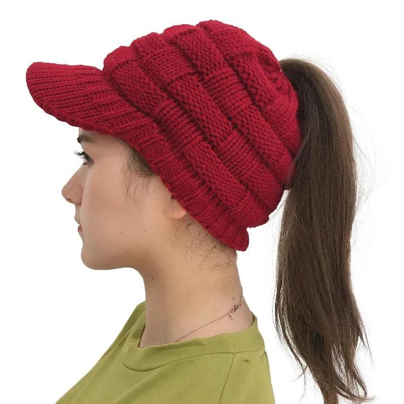 Women's Knitted Ponytail Hat Woolen Warm Cap Sports Outdoor Style Warm Baseball Cap All-match Outdoor Riding Hat Empty Peaked Knitting Cap with Brim