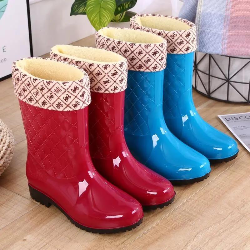 Rain Boots Ladies Mid-tube Warm Rain Boots Non-slip Water Shoes High-tube Rubber Shoes Adult Plus Cotton Boots Overshoes