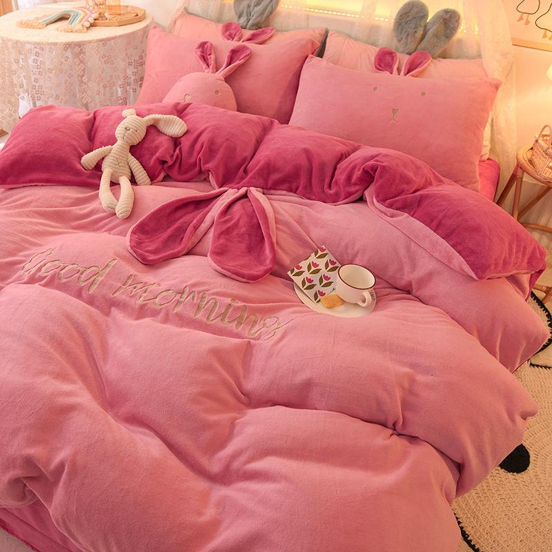 Thickened Crystal Velvet Coral Velvet Four-piece Set Winter Plus Velvet Warmth Double-sided Flannel Bed Sheet Quilt Cover Pillowcase Bedding