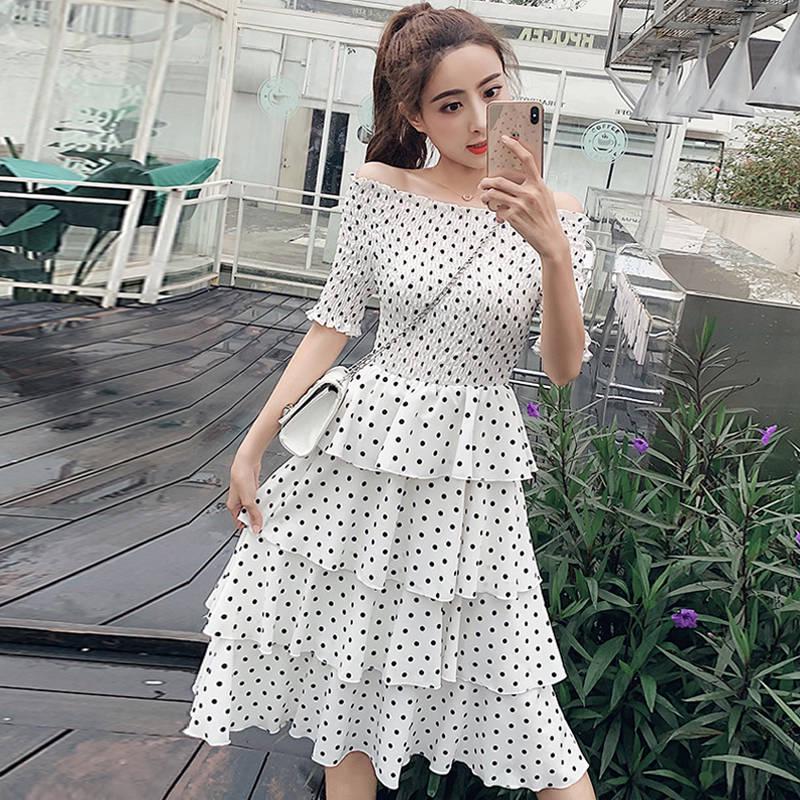 Plus Size Polka Dot Layered Dress Slash Neck Off-shoulder Party Evening Dress Summer