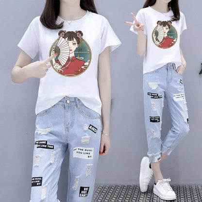 Suit Women Summer Print Round Neck Short-sleeved T-shirt Ripped Nine-point Jeans Loose Two-piece Cute Casual Suit