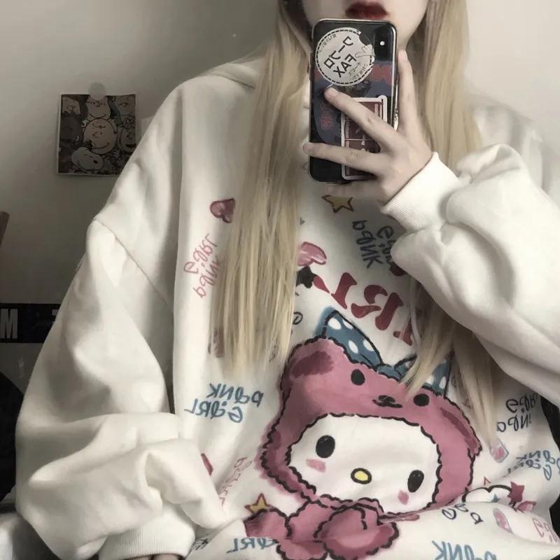 Hooded Sweatshirts Cartoon Printed Oversized Loose Harajuku Hoodies Women Winter Fleece Clothes Streetwear Hip Hop Pullover Tops Plus Size Sportshirts