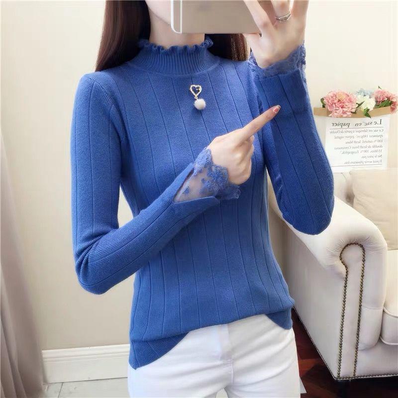 Autumn and Winter Half-high-necked Sweater Lace Inside Slim Long-sleeved Bottoming Shirt