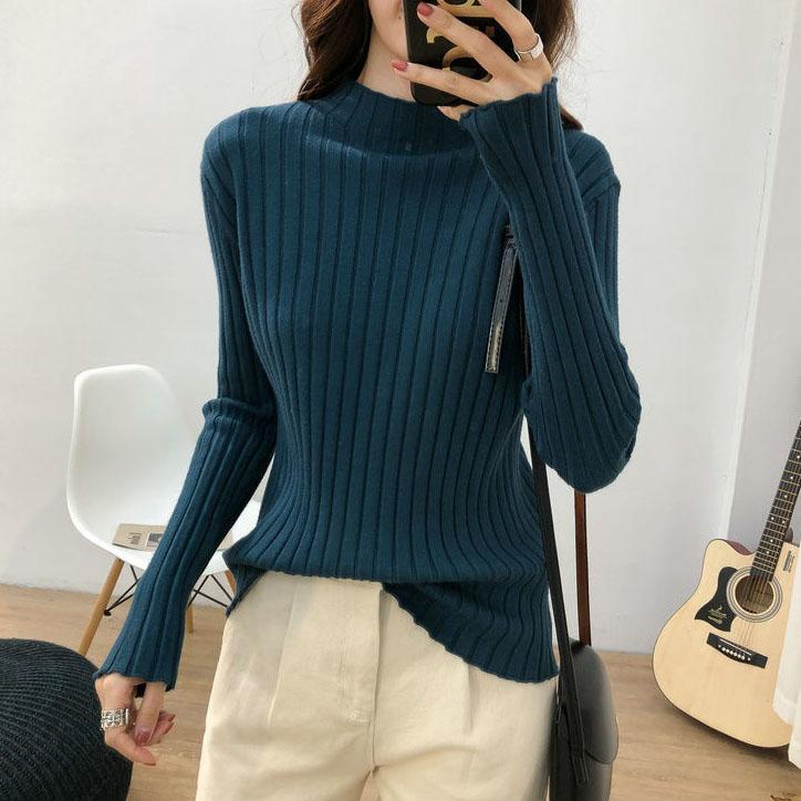 Women's Winter Half High Collar Bottomed Sweater Female Autumn Striped Versatile Loose Elastic Solid Color Sweater