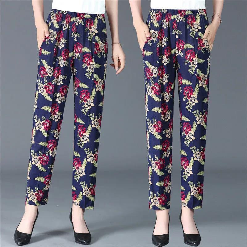 XL-5XL Women's Spring and Summer Elastic Waist Wide Leg Printed Casual Pants Female Plus Size Loose Simple Thin Cropped Pants