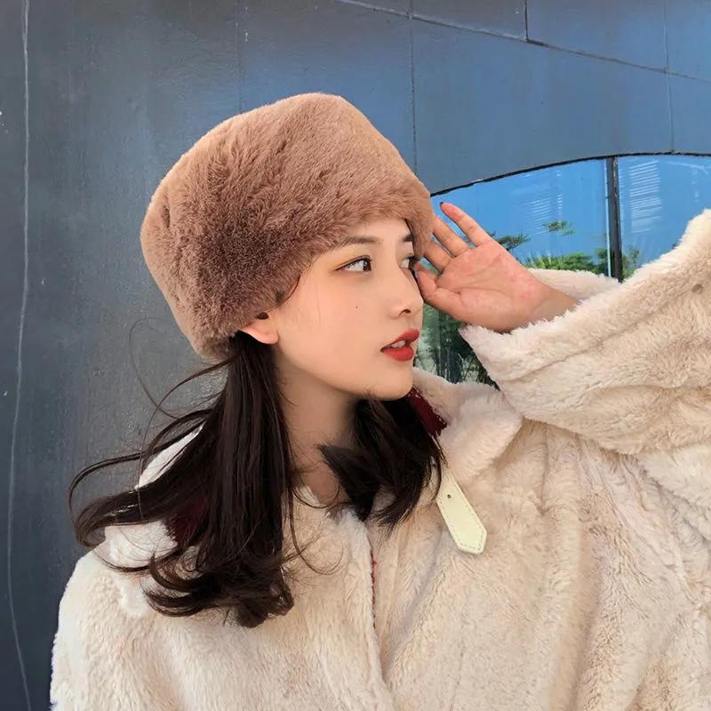 Ladies Winter Fisherman Hat Plush Velvet Warm Hat Ear Protection Pure Color Rabbit Fur Blend Dome Beret Top Hat Puffy Warm Soft Headgear