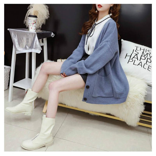 4 Colors Women Long Section Cashmere Loose V-neck Sweater Knitted Cardigan Button Jacket