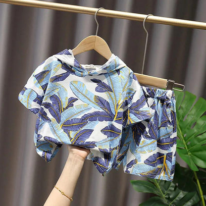 Children's Suit Summer Thin Korean Style Loose Print Leaf Girls and Boys Suspender Shorts Ventilation Two Piece Set