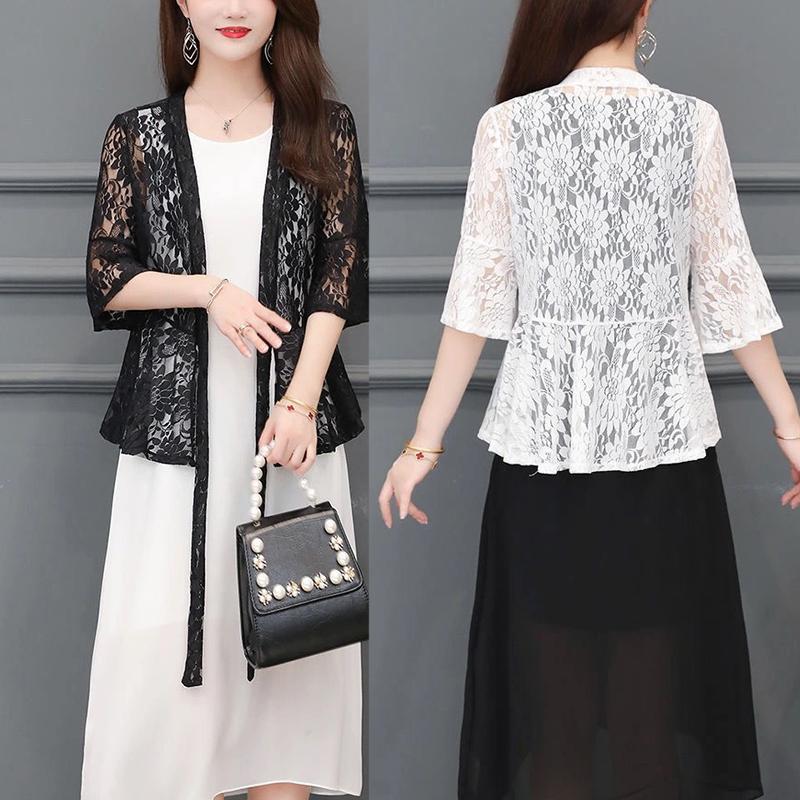 Trumpet Sleeve Shawl Women Summer Thin Sunscreen Lace 3/4 Sleeves Large Size Top