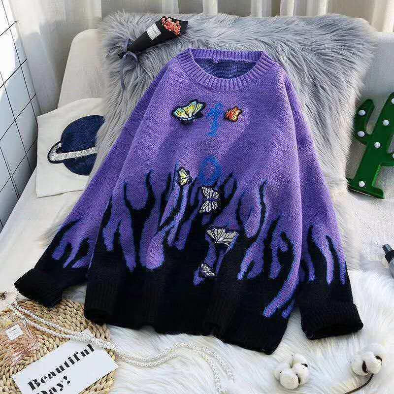 Women Flame Butterfly Embroidery Knit Sweater  Loose Casual Sweater Warm Pullover Sweater Coat Outer Wear Autumn Winter