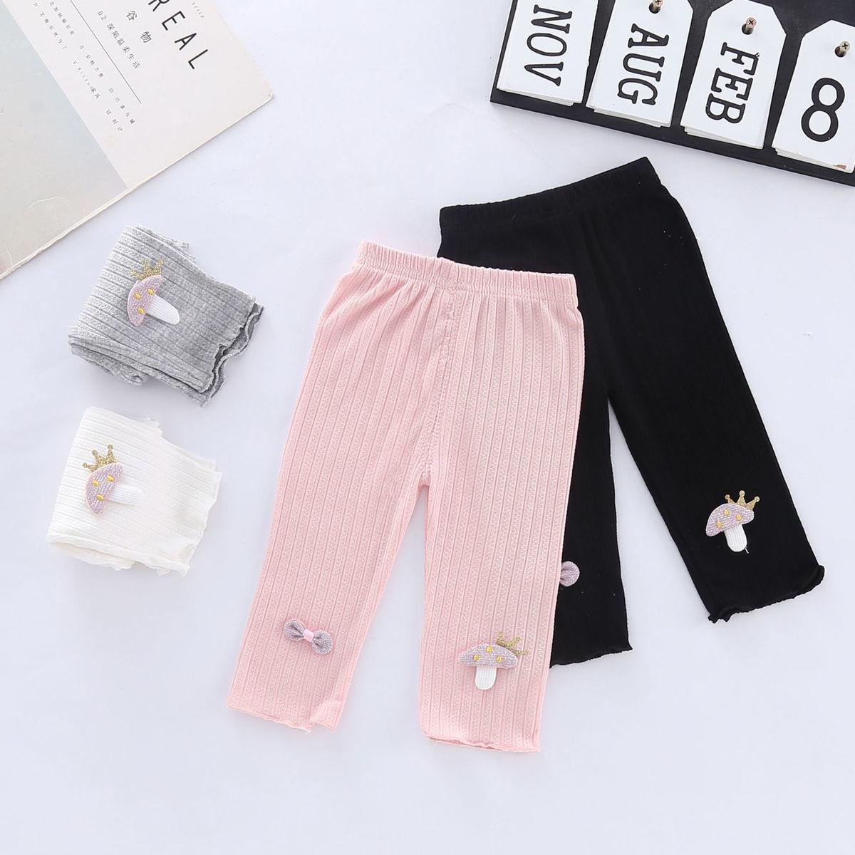 Girls' Leggings Children's Spring and Autumn Thin Bow Mushroom Korean Cropped Trousers Stretch Pants Baby Outer Wear and Inner Wear