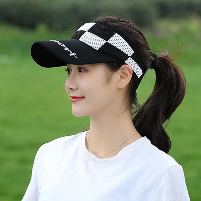 Women's Summer Black White Plaid Checkerboard Hat Anti-UV Hat Breathable Empty Top Outdoor Sports Cycling All-match Face-covering Sun Hat