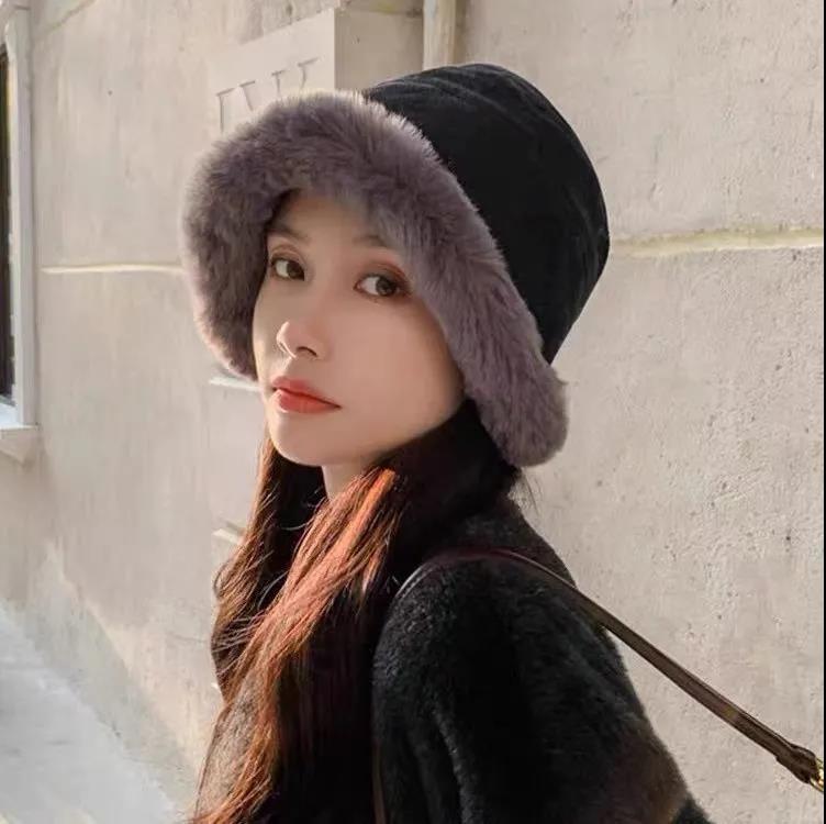 Winter Women's Thick Plush Basin Hat Korean Version of Solid Color Fisherman Hat Cold and Warm All-match Hat