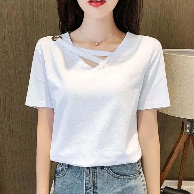 Cotton Short-sleeved T-shirt Women's V-neck Solid Color Summer Korean Version Slim All-match Bottoming Shirt Half-sleeve Top