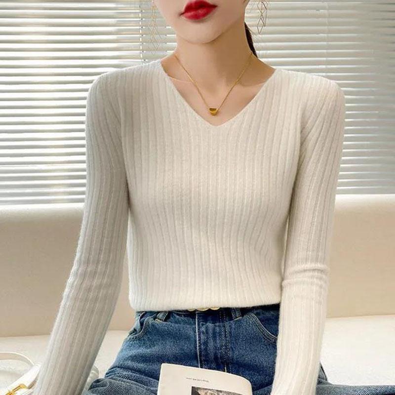 V-neck Bottoming Shirt Women's Autumn and Winter Wear A New Slim and Thin Knitted Long-sleeved Korean Version of The Wild Striped Shirt