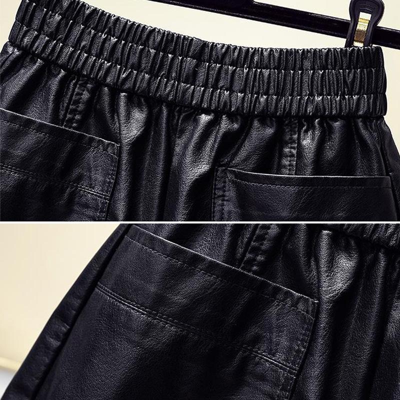 WTEMPO Black High Waist Leather Short Pants Women Thin Elastic Waist Pockets Decor PU Leather Shorts