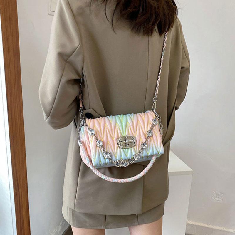 Fashion All-match Women's Bag Lingge Embroidery Rhinestone One-shoulder Diagonal Bag Color PU Handbag