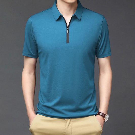 Men's Lapel Zipper T-shirt Solid Color Short-sleeved T-shirt POLO Shirt Middle-aged and Elderly Casual Tops