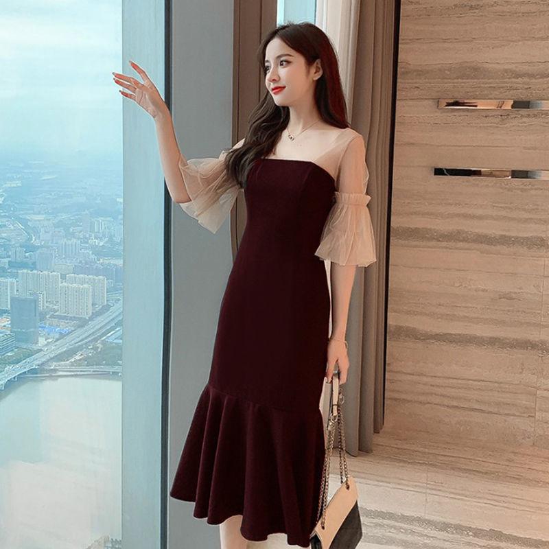 Women's Spring and Summer Square Neck French Elegant Retro Mesh Bubble Sleeve Slim Slim Bag Hip Long Fishtail Dress