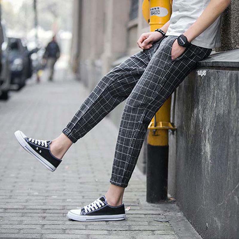 Spring and Summer Thin Check Pattern Youth Men's Loose Casual Cropped Trousers