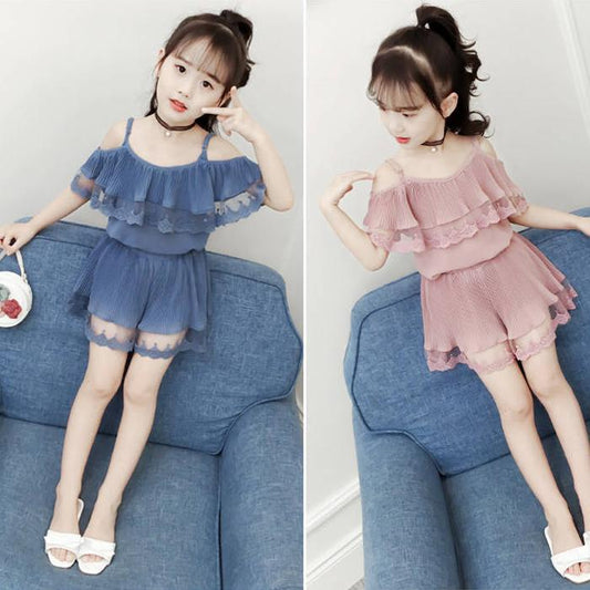 Girls' Summer Shorts Suit Korean Style Summer Children's Suspender One Shoulder Chiffon Two Piece Set Pleated Mesh Solid Color Two-piece Suit