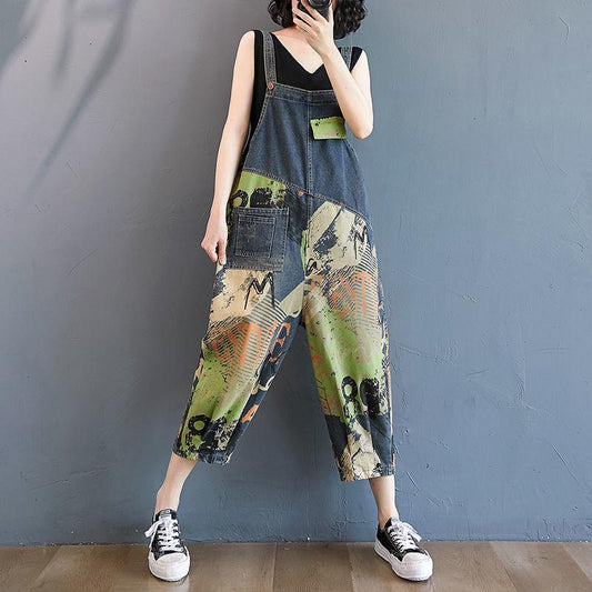 WTEMPO Street Drawing Summer Denim Jumpsuit Woman Jeans Long Romper Pants Pockets Sleeveless Overalls Trousers