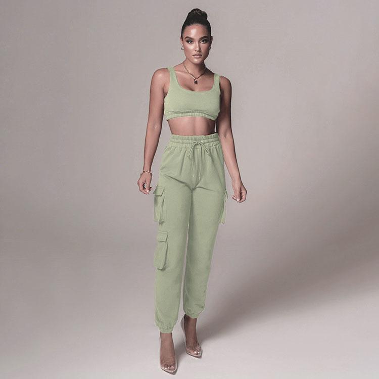 Women Solid Tracksuit Summer Cargo Pants and O-Neck Vest Two Piece Sets High Street Punk Style Sports Suits Pockets Cropped Pant