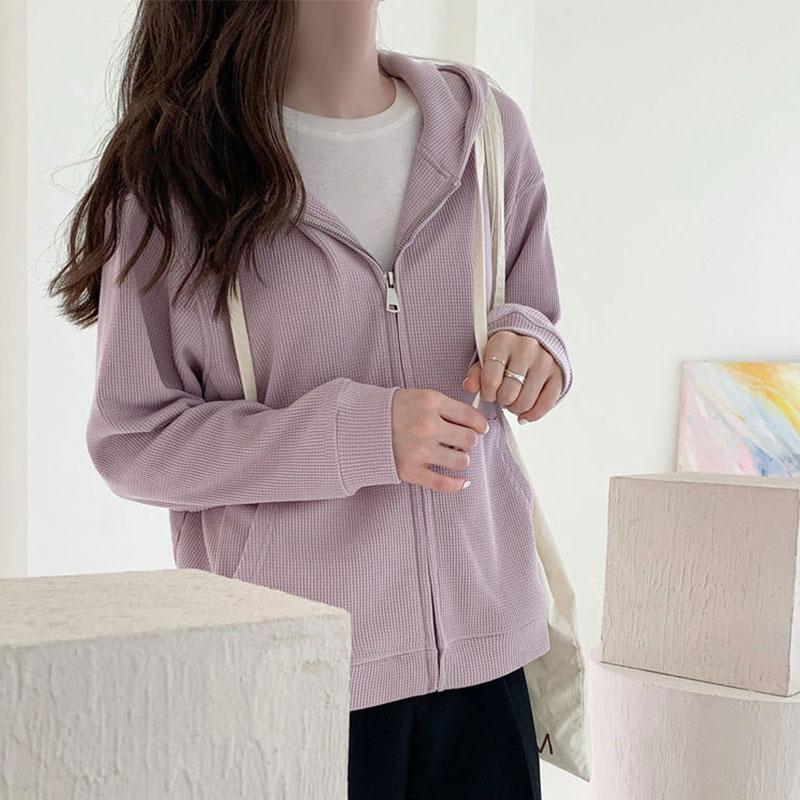 Schoolgirls Thin Long Sleeve Hooded Sweater Cardigan Jacket Waffle Sweater Ladies Zipper Jacket Top Casual Loose Coat