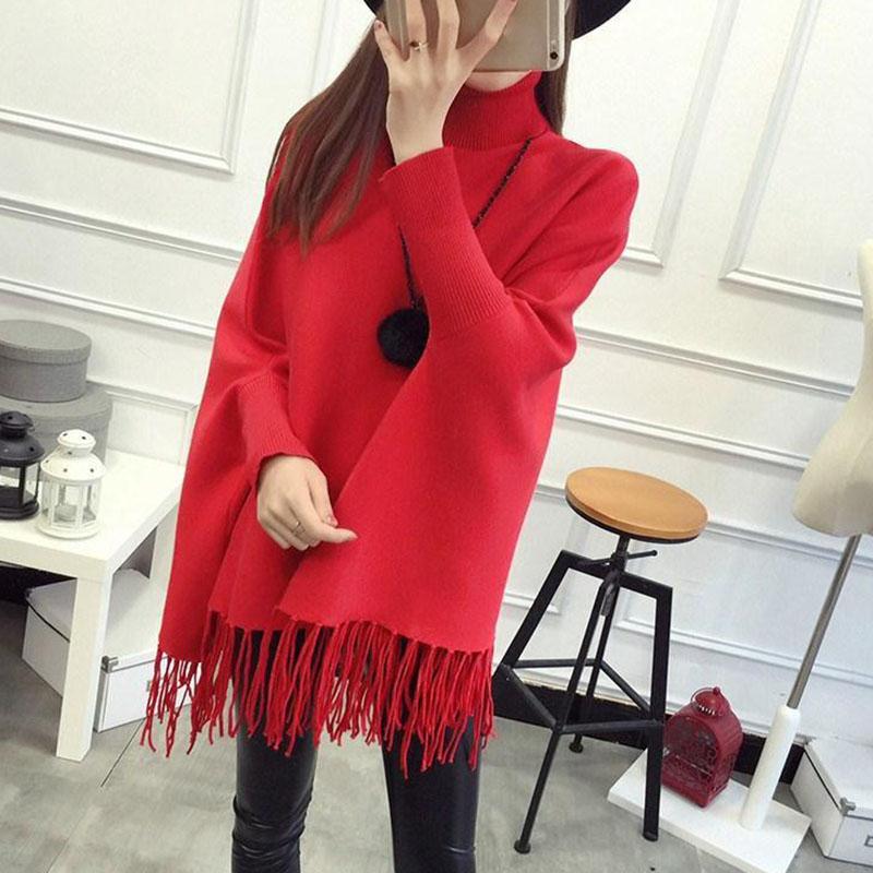 Autumn and Winter High Neck Tassel Sweater Pullover Mid-length Loose Top Knitted Casual Women's Bat Shirt