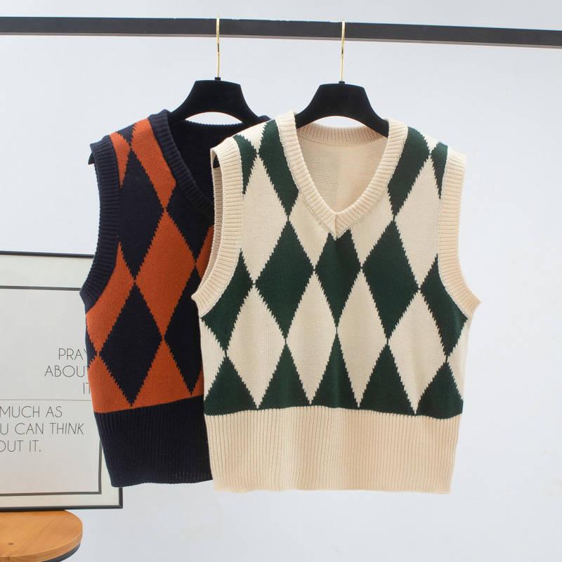 Autumn and Winter Retro Rhombus V-neck Knitted Vest Female Pullover Sleeveless Sweater