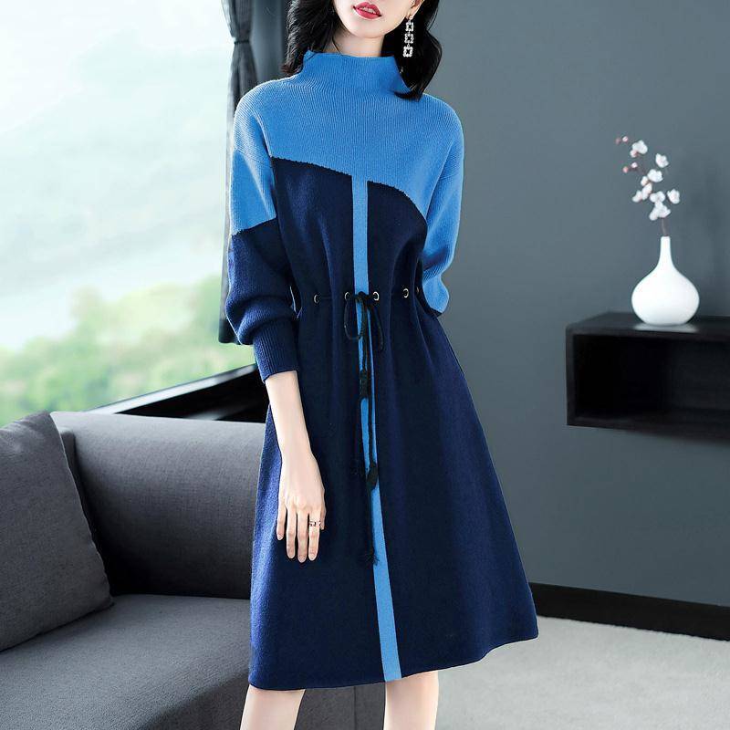 Autumn and Winter High-necked Knitted Dress Above The Knee In Large Mid-length Bottom Skirt Loose Casual Women's Sweater Dresses