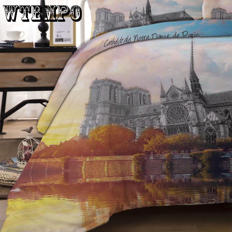 3pcs Duvet Cover Sets 3D Gold Silk Embroidery Notre Dame De Paris  Bedding Set Bedding Bedclothes