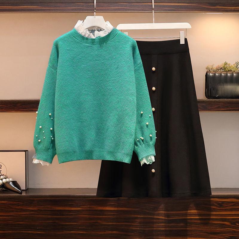 Autumn and Winter Warm Suit Women's Knit Sweater + A-line Thin Skirt Two-piece Sweet Pearl Decoration Elegant Temperament