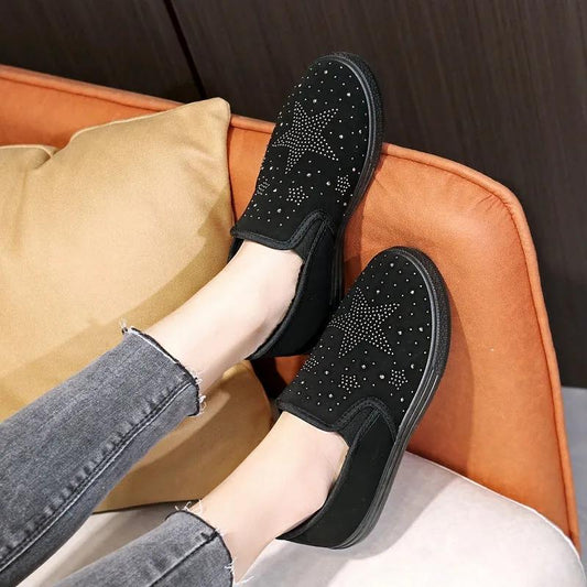 Black Rhinestone Cotton Shoes Women's Flat Sneakers All-match Plus Velvet Insole Warm Slip-on Breathable Non-slip Flat Shoes