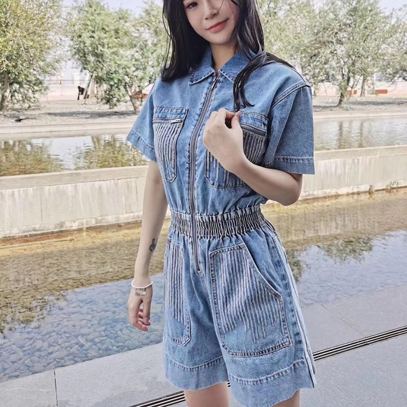 WTEMPO Women's Denim Jumpsuit Spring Summer Sequined Elastic Waist Thin Zipper Overalls