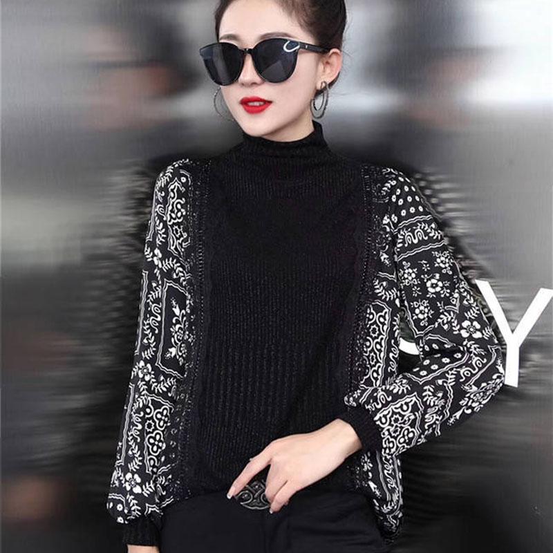 Spring Autumn Vintage Printed Sweater Women Loose Korean Knitwear Top High Neck Pullover Sweater