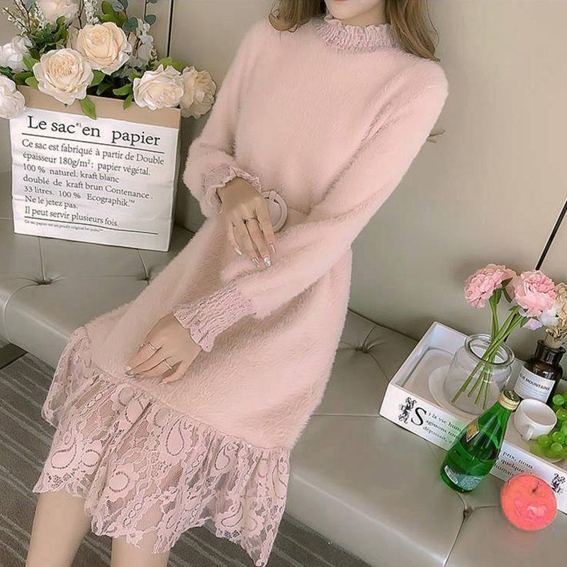 Autumn and Winter Half High Neck Dress Mid-length Lace Stitching Base Temperament Female Sweater Skirt