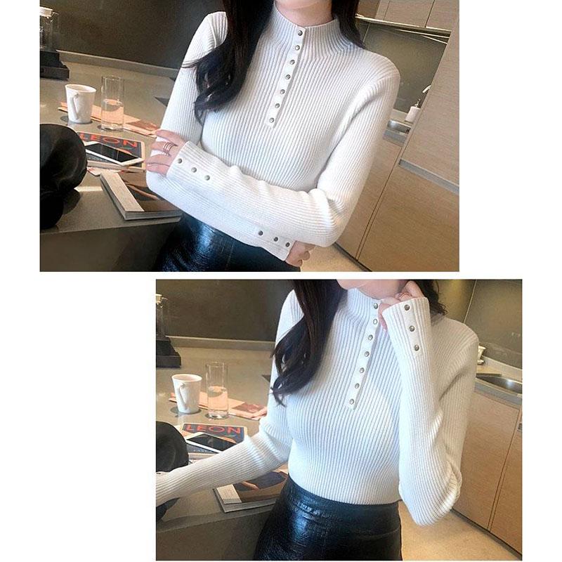 Women Knitted Pullover Sweater Long Sleeve half Turtleneck Sexy Slim Lady Button Casual Sweaters Top