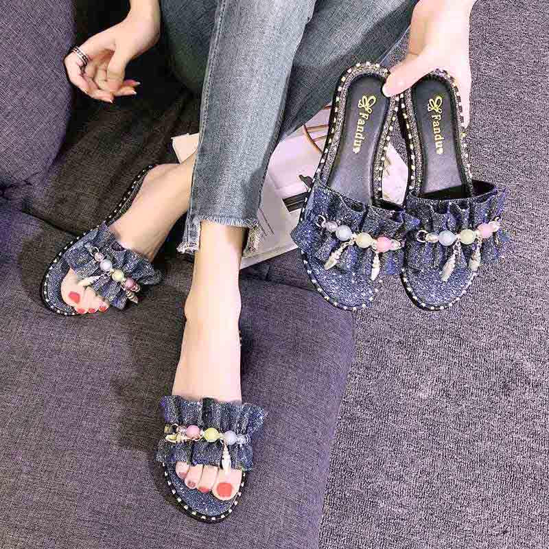 Plus Size 35-40 Summer Women Outdoor Leather Flat Bohemian Beach Wear-resistant Non-slip Office Lady Bead Sandals