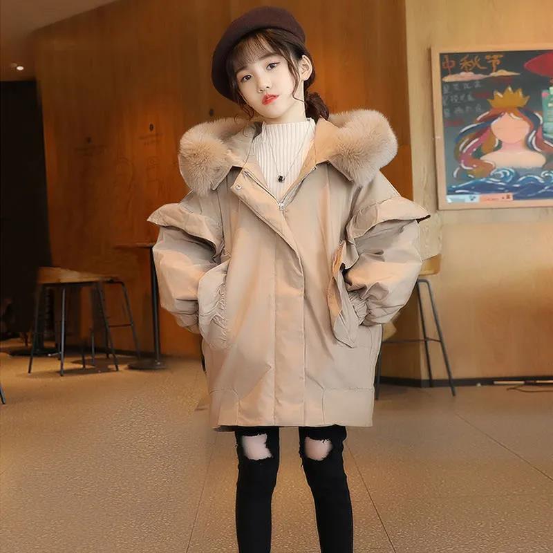 Girls' Fur Collar Cotton Clothes Winter Clothing Plus Velvet Children's Quilted Jacket Mid-length Coat To Keep Warm