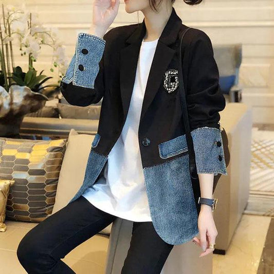 Women's Spring and Autumn Denim Stitching Suit Jacket Winter Lapel Large Size Denim Cardigan Coat