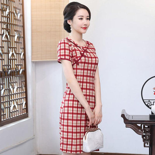 Improved Cheongsam Dress Mom Summer Short-sleeved Plaid Skirt Slim Slimming Retro Hip Skirt