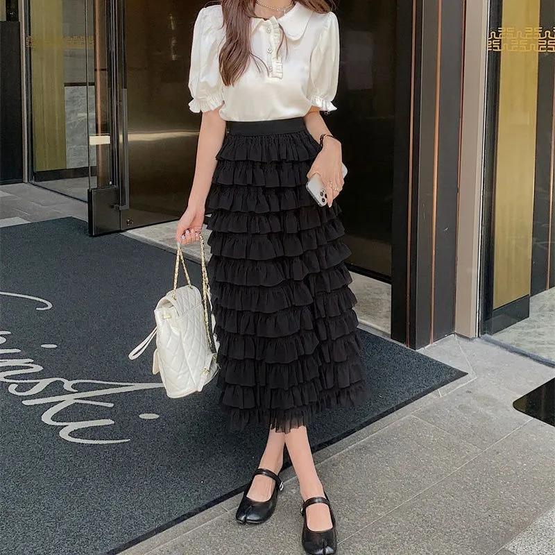 Women Tiered Skirts Summer Elegant Chiffon A-line Layered Skirt Female Elastic High Waist Preppy Style Dancing Long Skirts